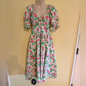 Hill House Pink and Green Floral Midi Dress with pockets size small
